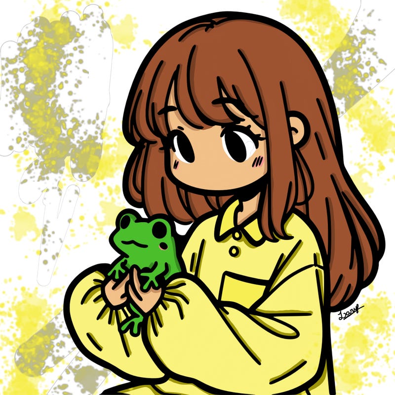 girl with long hair and a oversized shirt. and she is holding a frog