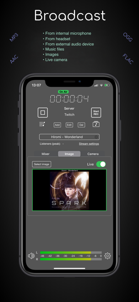 iziCast - iziCast app interface showing a live Twitch stream with audio levels and album art