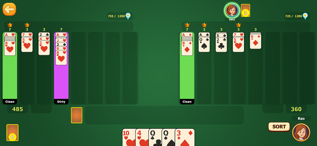 Bukharo - Bukharo card game gameplay interface showing Clean and Dirty scoring lanes for Team Left and Team Right.
