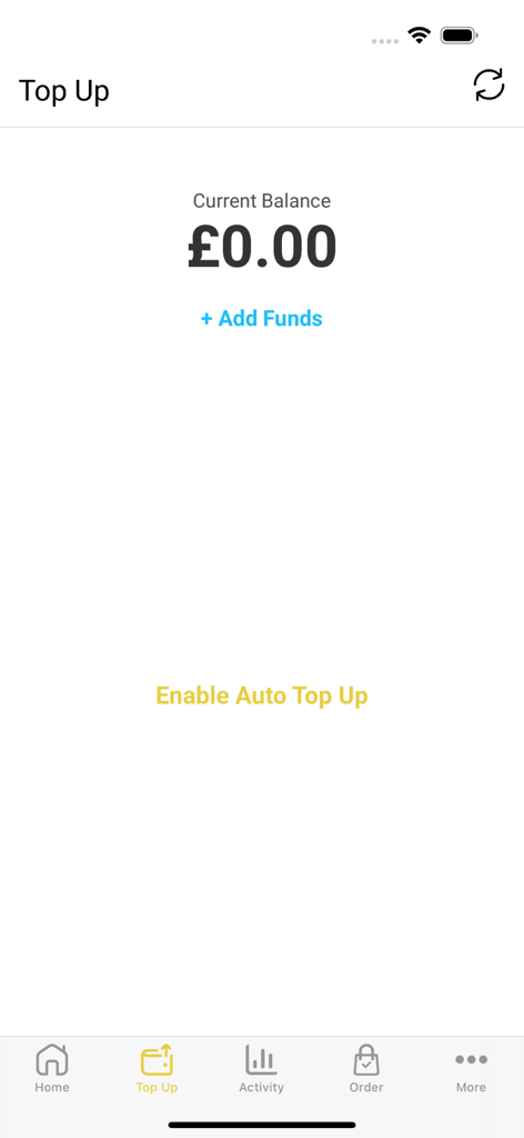 UoB Source Catering App - UoB Source Catering App Top Up screen showing current balance and add funds option