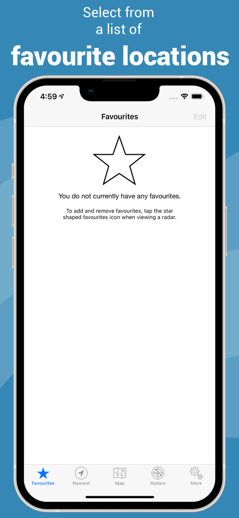 Rain Radar New Zealand - Rain Radar New Zealand app showing the empty favourites location screen on an iPhone