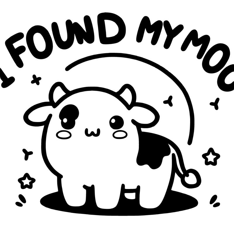 a cute kawaii cow with little letters above it that says i found my moo
