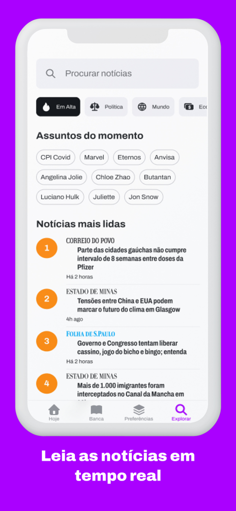 Hube Jornais app explore tab displaying trending topics and top read news articles from Brazilian newspapers