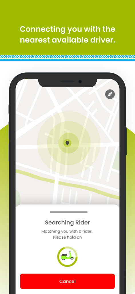 Union: Request a Ride - Pantalla de la aplicación de transporte Union que muestra una interfaz de mapa mientras se busca un conductor de boda cercano.