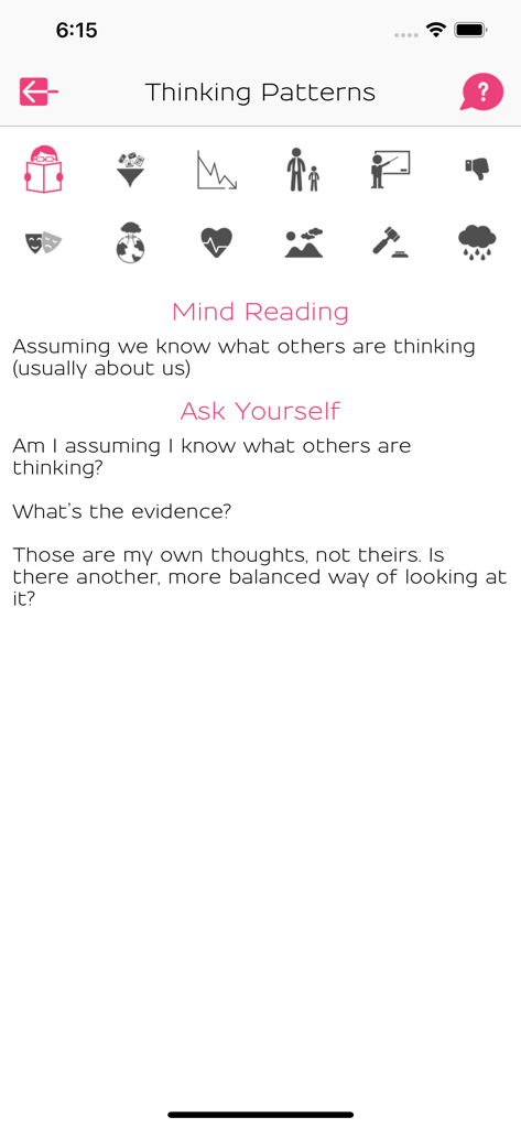 What's Up? A Mental Health App - Thinking Patterns feature in the Whats Up mental health app showing Mind Reading guide