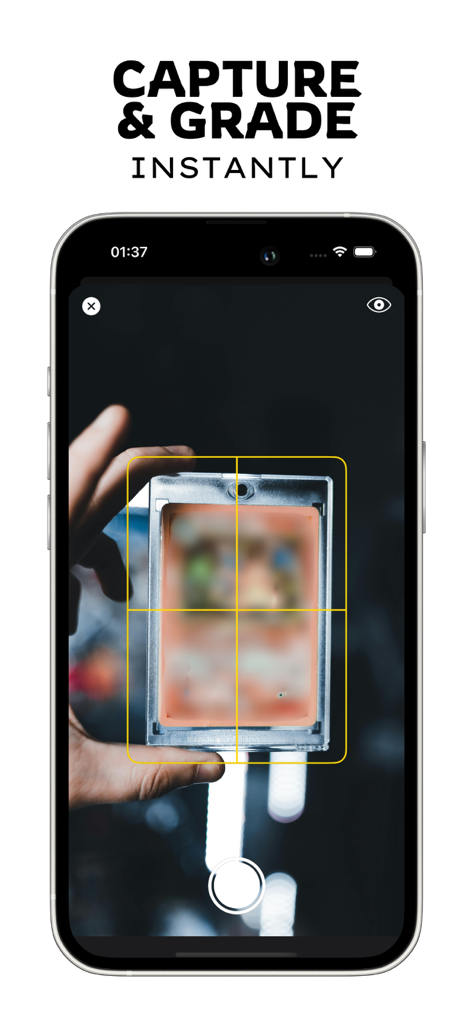 Card Centering Calculator App - Interface of the Card Centering Calculator app showing a trading card being captured with a yellow alignment grid for instant grading