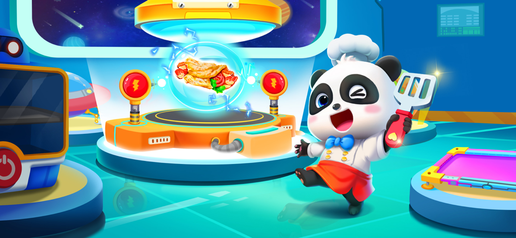 Panda chef with a spatula in a futuristic space kitchen featuring a glowing UFO cooking machine