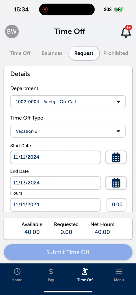 eSELFSERVE - Time Off request interface in the eSELFSERVE mobile app.