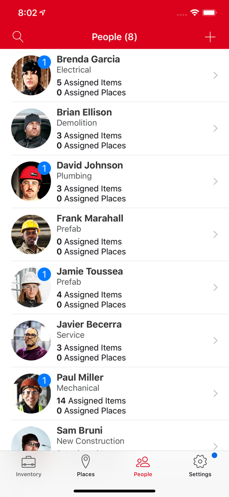 Milwaukee® ONE-KEY™ - Milwaukee ONE-KEY app screen showing a list of crew members with their assigned tools and professional trades.