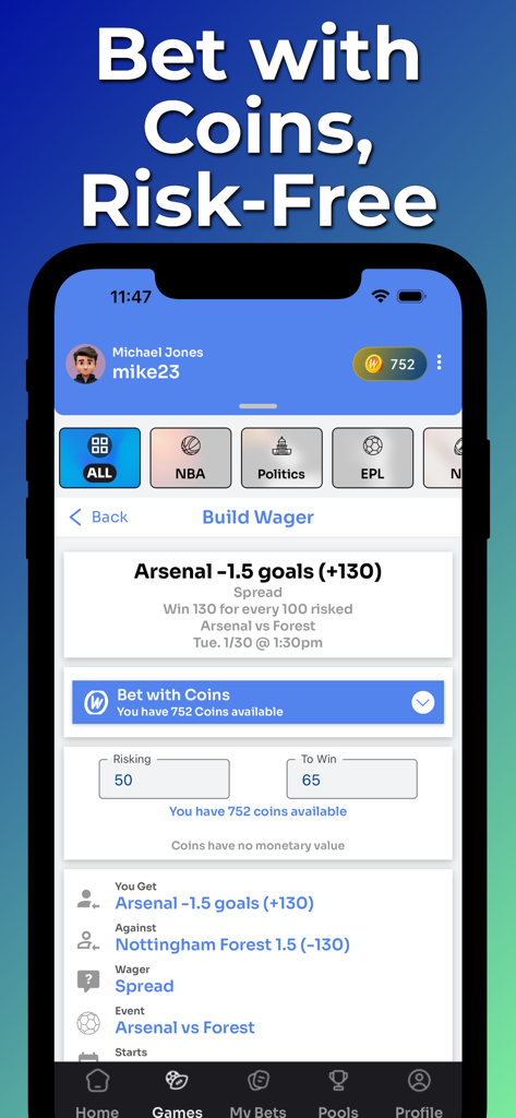 WagerLab - Place & Track Bets - WagerLab mobile app screen showing risk-free sports betting using virtual coins