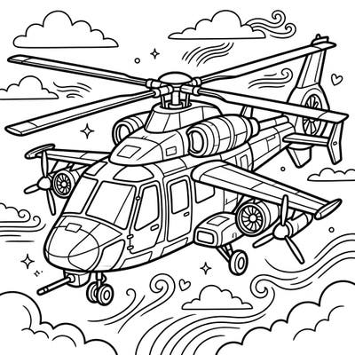 Prepare for an exciting aerial adventure with this intricate coloring page featuring a powerful compound helicopter. Discover its unique design, from the main rotor to its auxiliary propellers, ready for your creative touch.