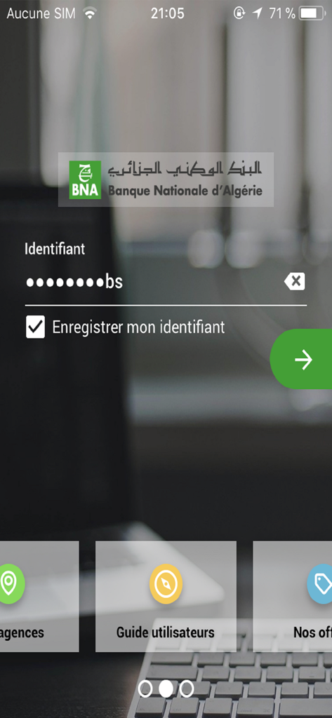 Login interface of the BNAtic mobile banking application for the National Bank of Algeria
