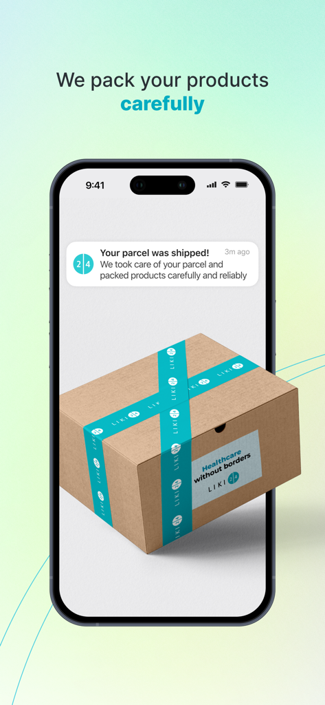 Uno smartphone che mostra una notifica di spedizione da Liki24 accanto a una scatola da pacco brandizzata che enfatizza un imballaggio accurato.