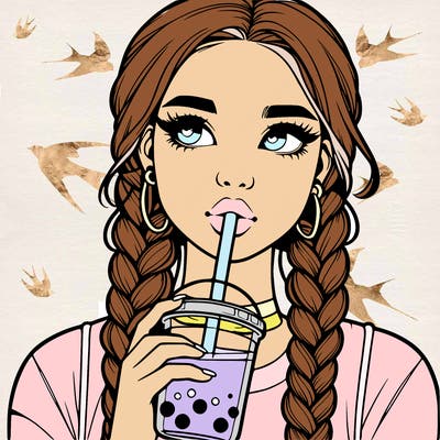 realistic girl with braided hair drinking boba