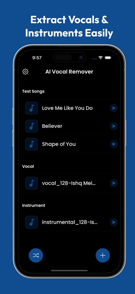 Vocal Remover & Karaoke Maker - Smartphone screen showing the AI Vocal Remover app interface for separating vocals and instrumentals