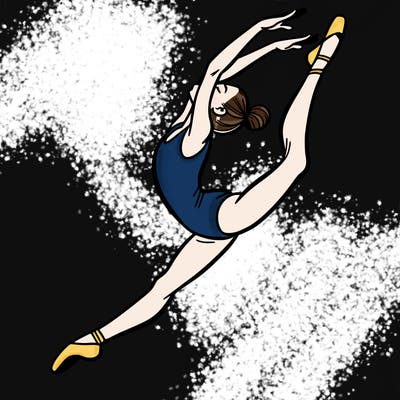 gymnast doing a leap in a leotard with a bent back leg