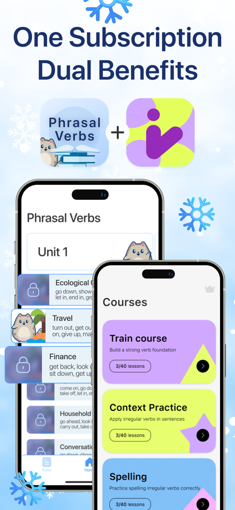 Phrasal Verb App: Learn + Play - Smartphone screens showing English phrasal verb courses and dual app subscription benefits