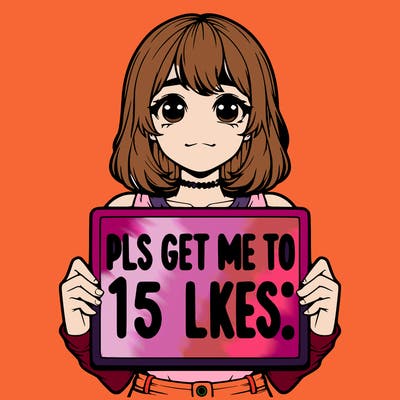 realistic girl holding up a sign that says “pls get me to 15 likes!”