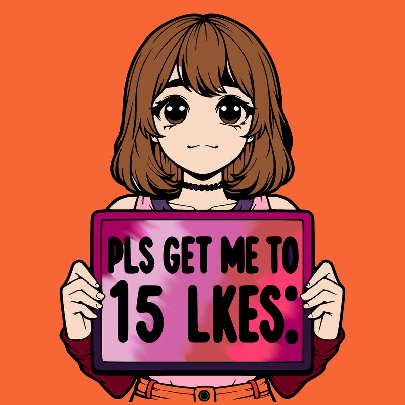 realistic girl holding up a sign that says “pls get me to 15 likes!”