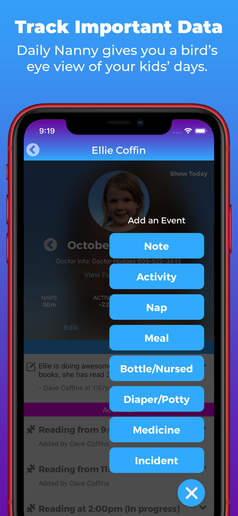 Daily Nanny - Daily Nanny app showing a menu to log child activities like naps meals medicine and diaper changes