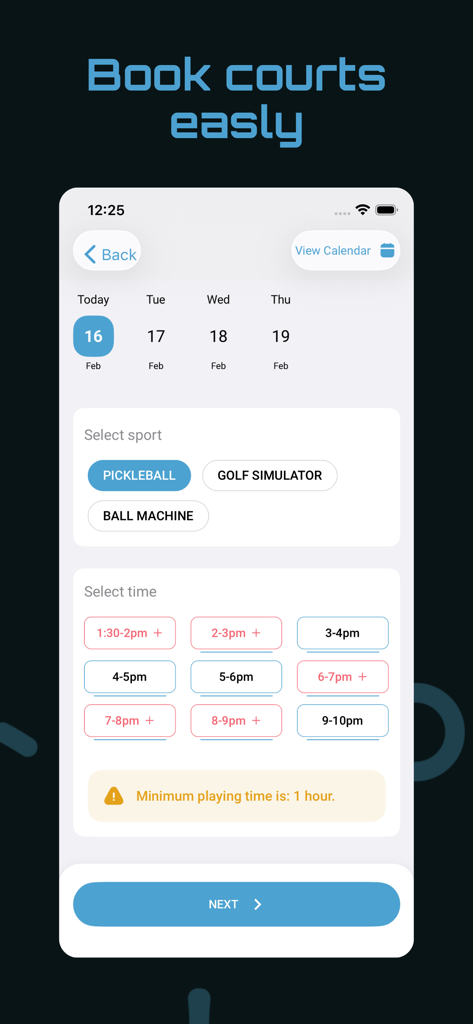 Interface do aplicativo Pin Point Inc para reservar quadras de pickleball e selecionar datas e horários