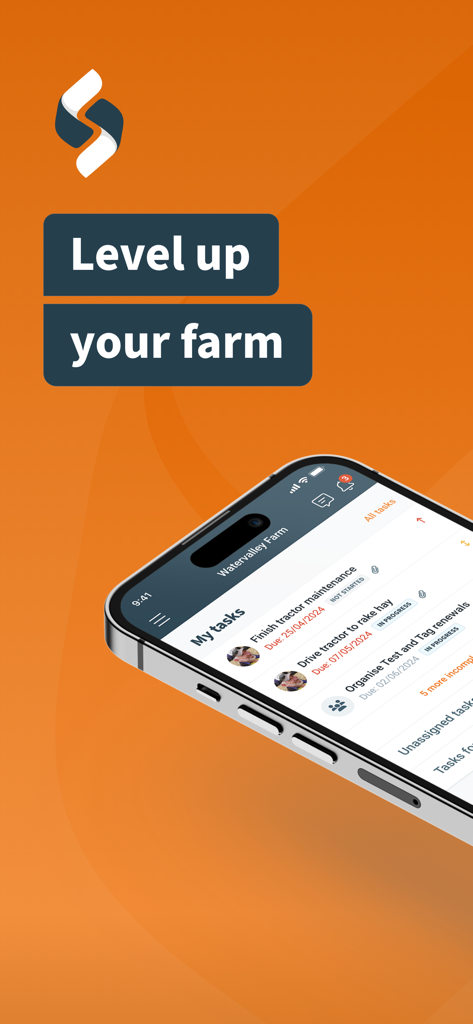 Safe Ag Systems™ - Interfaccia dell'app mobile Safe Ag Systems che mostra le attività di manutenzione agricola su uno schermo di iPhone.