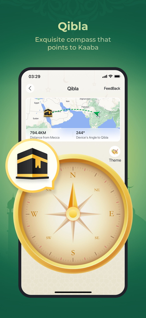 WeMuslim app interface showing a golden qibla compass and a map with the distance to Mecca