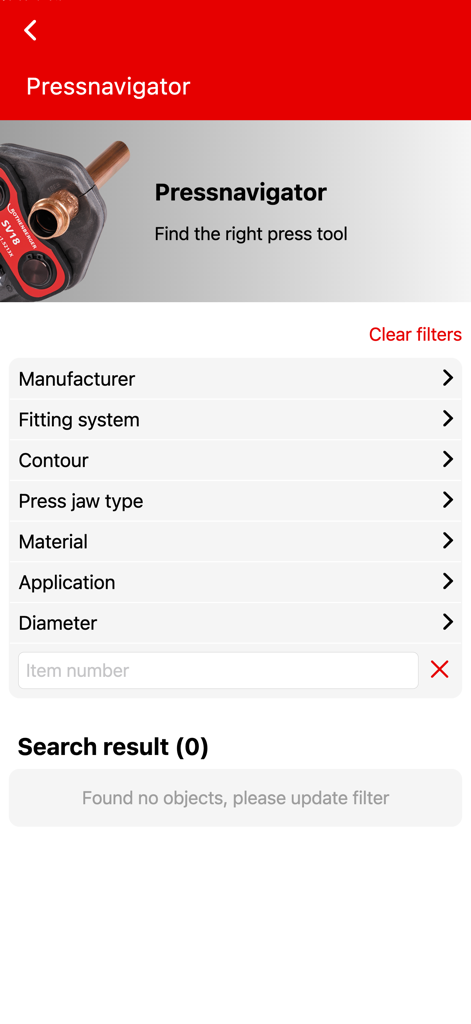 ROTHENBERGER - Interfaz de Rothenberger Pressnavigator para encontrar la herramienta de prensado adecuada con filtros técnicos