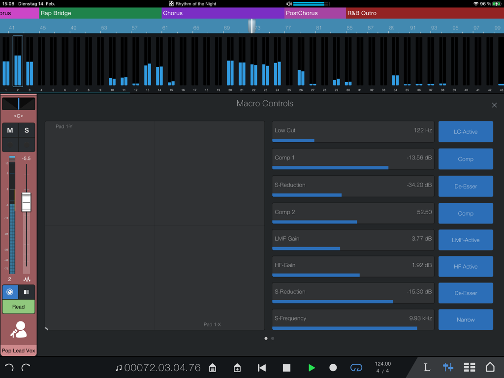 Studio Pro Remote app interface showing macro controls with sliders and an XY pad on an iPad