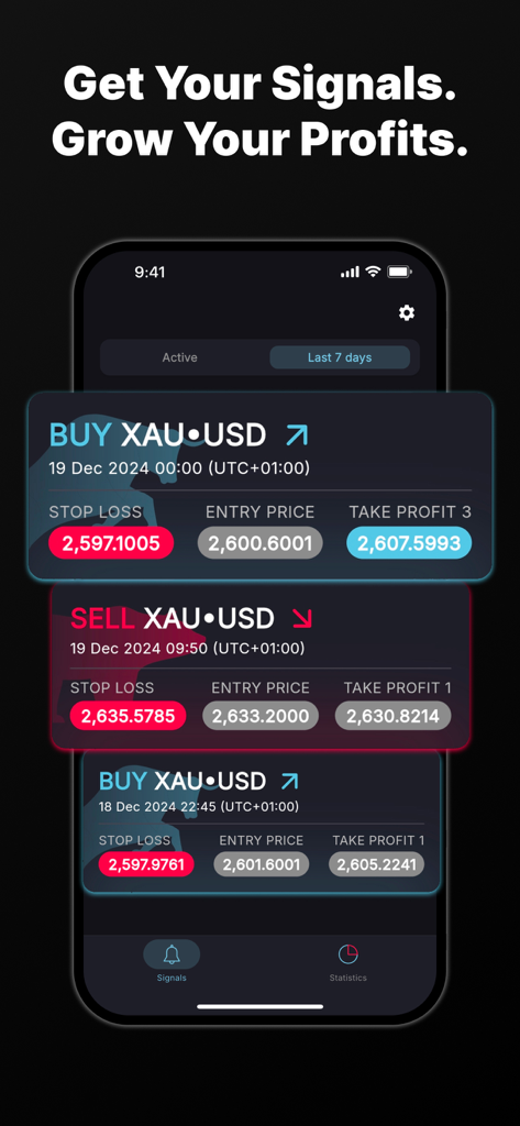 Mobile app interface displaying real-time buy and sell signals for XAUUSD gold trading
