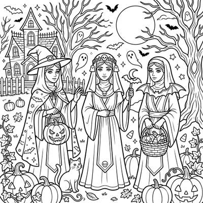 Dive into a uniquely imaginative coloring adventure where ancient Roman Vestal Virgins embrace the spooky spirit of Halloween. This printable page offers a blend of historical elegance and festive frights, perfect for adult and teen colorists.