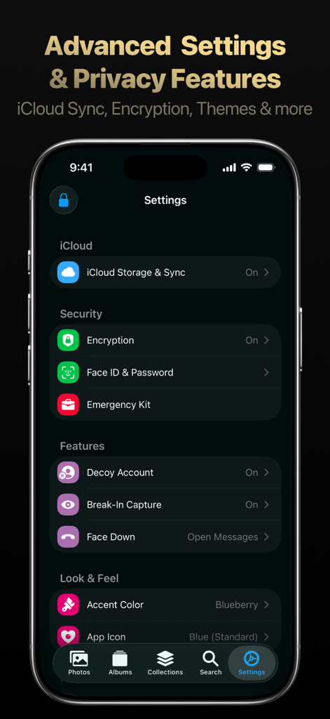 Trustful – Secret Photo Vault - Trustful Secret Photo Vaultアプリの設定画面。暗号化、偽装アカウント、生体認証セキュリティオプションが表示されています。