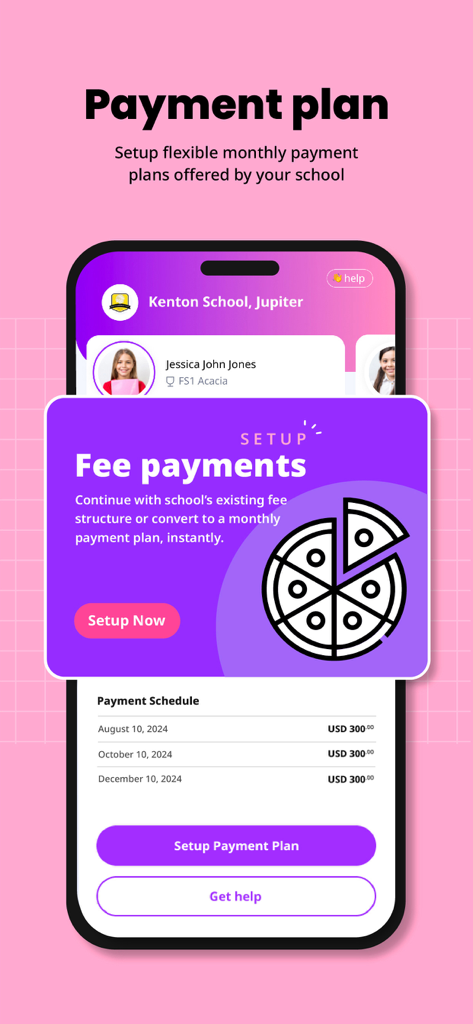 Smartphone screen showing the Zenda app interface for setting up flexible monthly school fee payment plans.