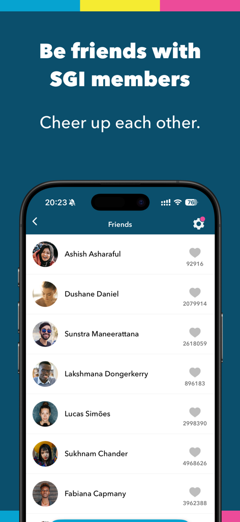 DAIMOKU PRO | SGI DAIMOKU SNS - A list of SGI members on the DAIMOKU PRO app friends screen showing profiles and prayed counts.