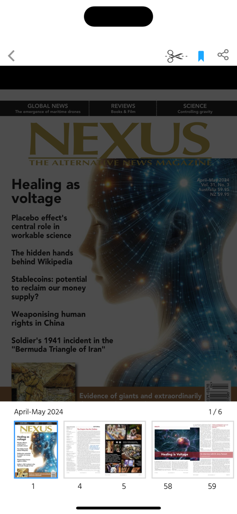 Nexus Magazine app interface displaying the April-May 2024 issue cover with the headline Healing as voltage and article thumbnails.