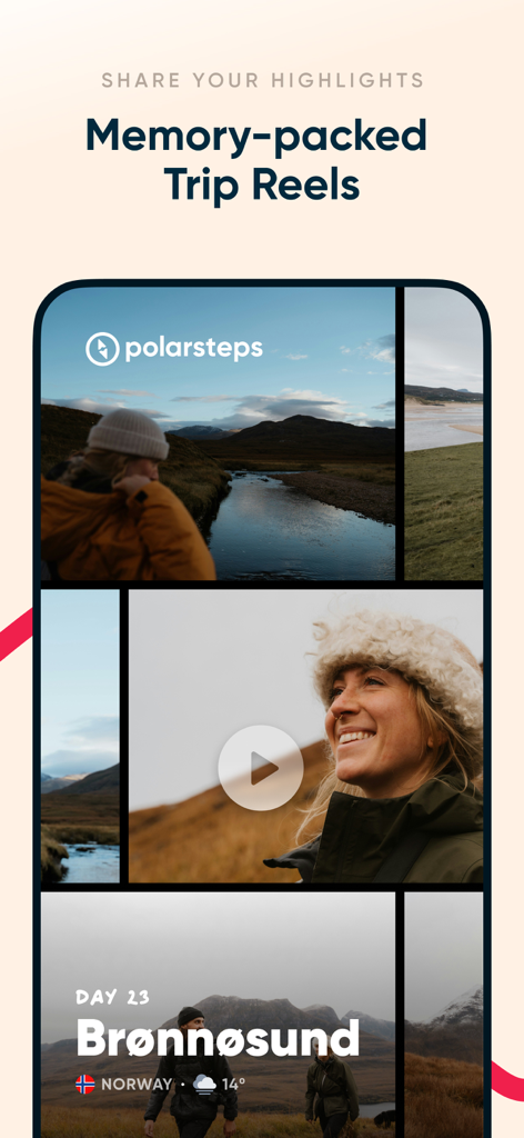 Polarsteps Travel - 노르웨이 여행의 사진과 비디오가 담긴 추억 가득한 여행 릴을 선보이는 Polarsteps 여행 앱 인터페이스