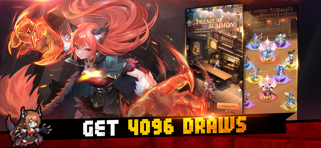 Pixel Saga: Squad RPG - Pixel Saga Squad RPG promotional banner featuring a red haired anime hero and gacha summon interface