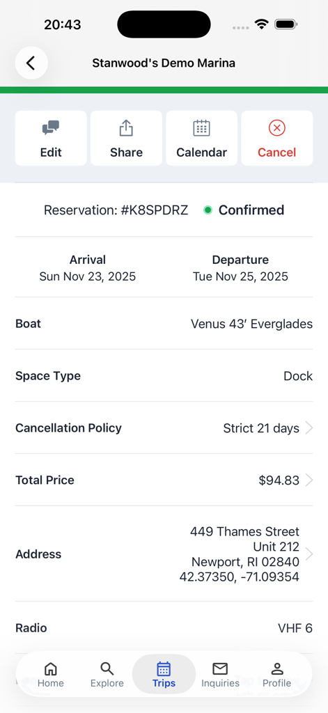 A confirmed marina reservation on the Dockwa mobile app showing arrival dates and boat details