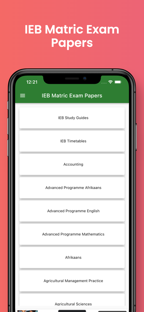 La interfaz de la aplicación IEB Matric Exam Papers que muestra una lista de materias como Contabilidad y Afrikáans junto con guías de estudio y horarios.