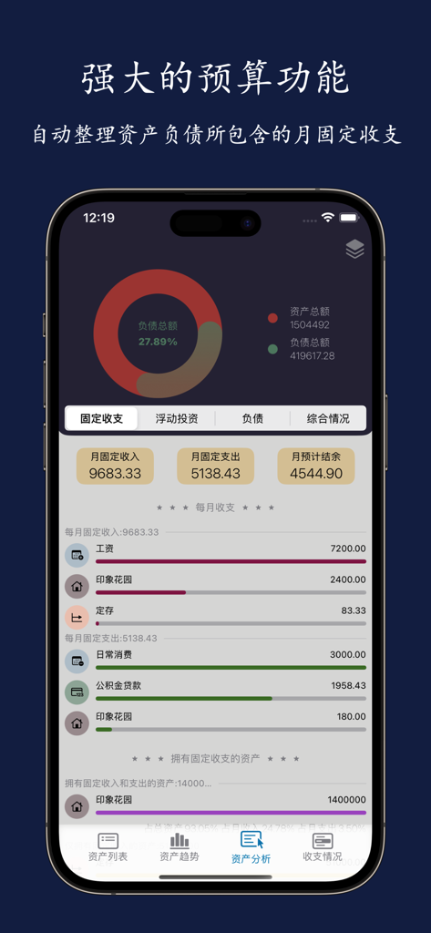 财务小助 - ファイナンシャルアシスタントアプリのモバイルインターフェース。負債比率のドーナツチャートと月次予算の詳細とともに、資産と負債の分析を表示。