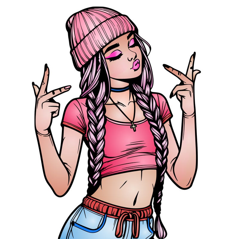 realistic teenage girl with braids and a beanie and crop top doing 🫶🏼