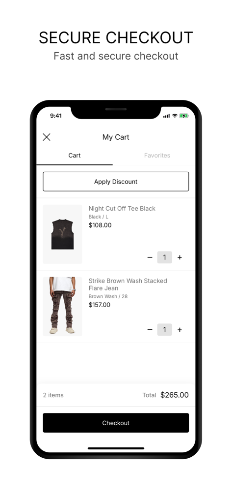 Valabasas - Valabasas mobile app shopping cart screen showing a black tee and flare jeans with a secure checkout button