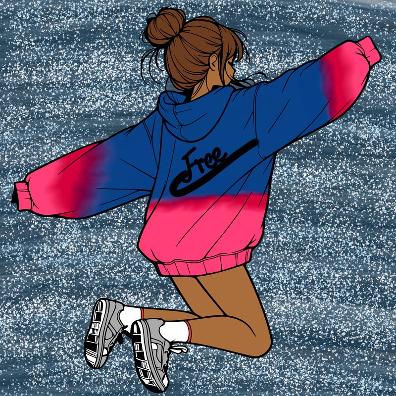 realistic girl jumping with a bun and oversized sweatshirt