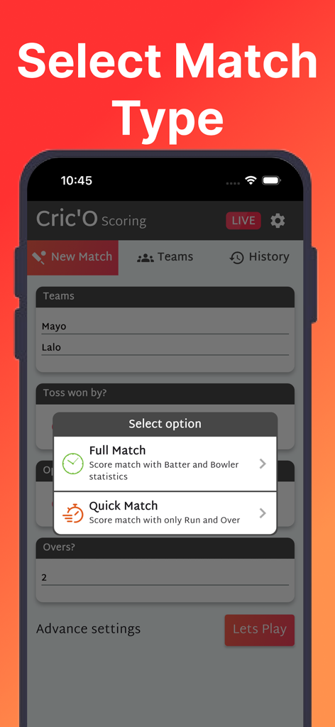 CricO app screen for selecting between full match scoring and quick match scoring options.