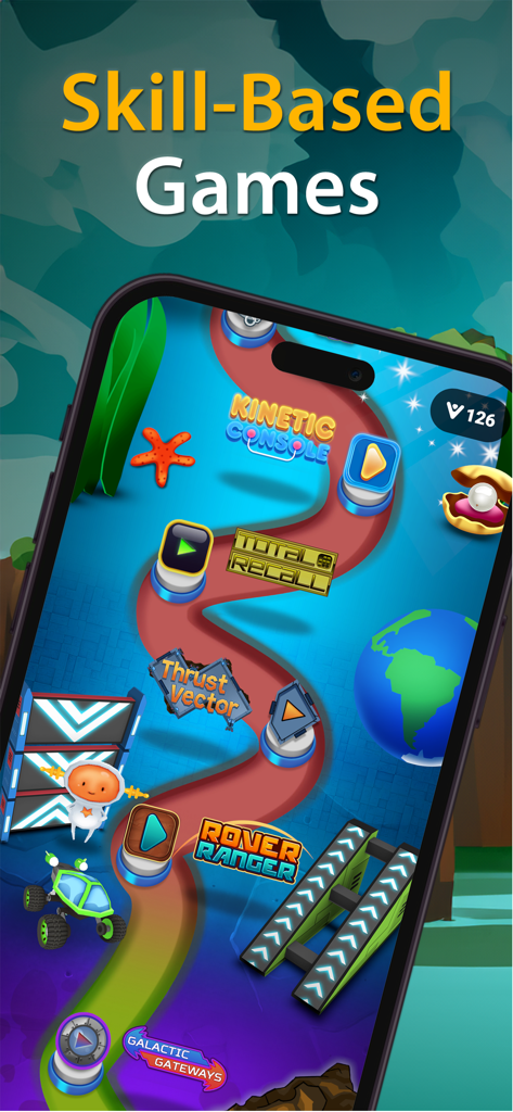 Un smartphone mostrando el menú de selección de varios juegos basados en habilidad dentro de la aplicación Big Time Games