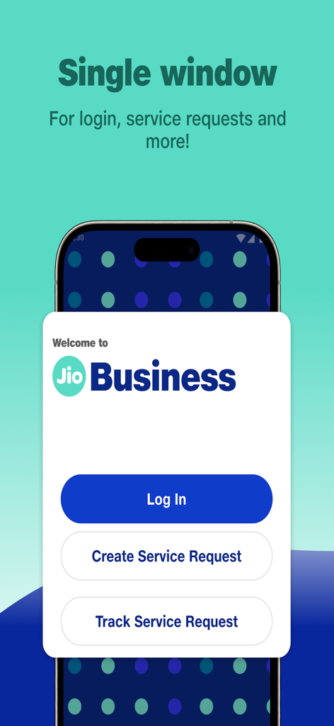 JioBusiness - JioBusiness app welcome screen showing buttons for login and managing service requests