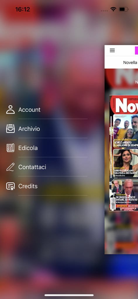 Novella 2000 - Digital - Side navigation menu of the Novella 2000 digital magazine app featuring options for account archive and newsstand