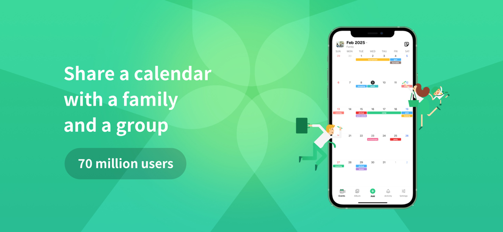 Pantalla de la app TimeTree que muestra un calendario mensual compartido para familias y grupos.