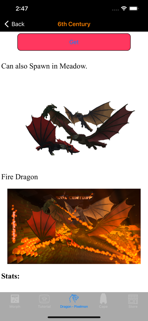 Morph mods for Minecraft - Preview of a fire dragon mod for Minecraft within the Morph mods app