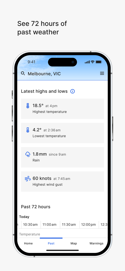 BOM Weather app screenshot showing historical weather data for Melbourne including temperature highs and lows and wind gust speeds